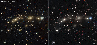 Galaxy cluster MACS1416 (Hubble and Webb images)