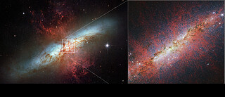 M82 (Webb and Hubble images, annotated)
