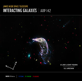 Interacting galaxies Arp 142 (MIRI image, annotated)