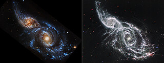 Galaxies IC 2163 and NGC 2207 (Hubble and Webb Images side-by-side)