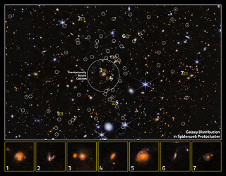 Close-up of galaxy distribution in the Spiderweb Protocluster  (NIRCam, annotated)