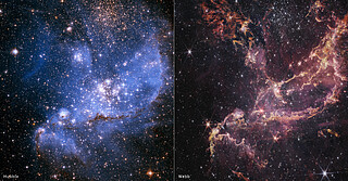 NGC 346 side-by-side images: Hubble and Webb