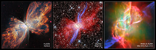Butterfly Nebula NGC 6302 (Hubble and Webb + ALMA images, side by side)