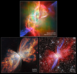 Butterfly Nebula NGC 6302 (Hubble and Webb + ALMA images, stacked)