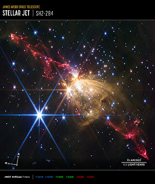 Stellar jet in Sh2-284 (NIRCam image, annotated)