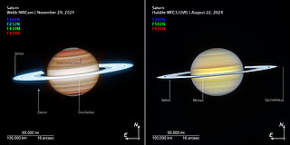 Saturn (2024 Webb and Hubble images, annotated compass image)